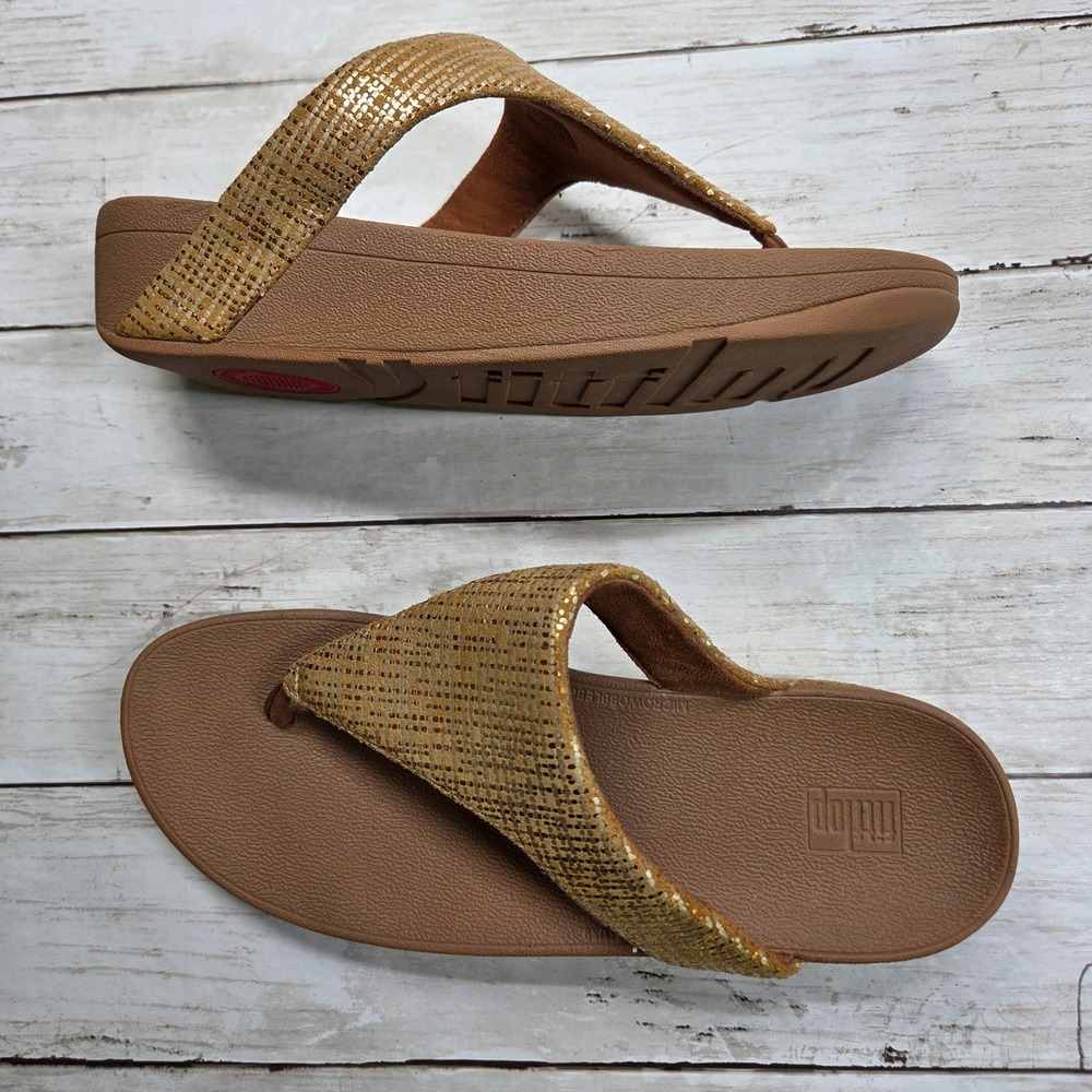 FitFlop T61-684 Microwobbleboard Thong Sandals Womens 9 Gold Metallic Woven